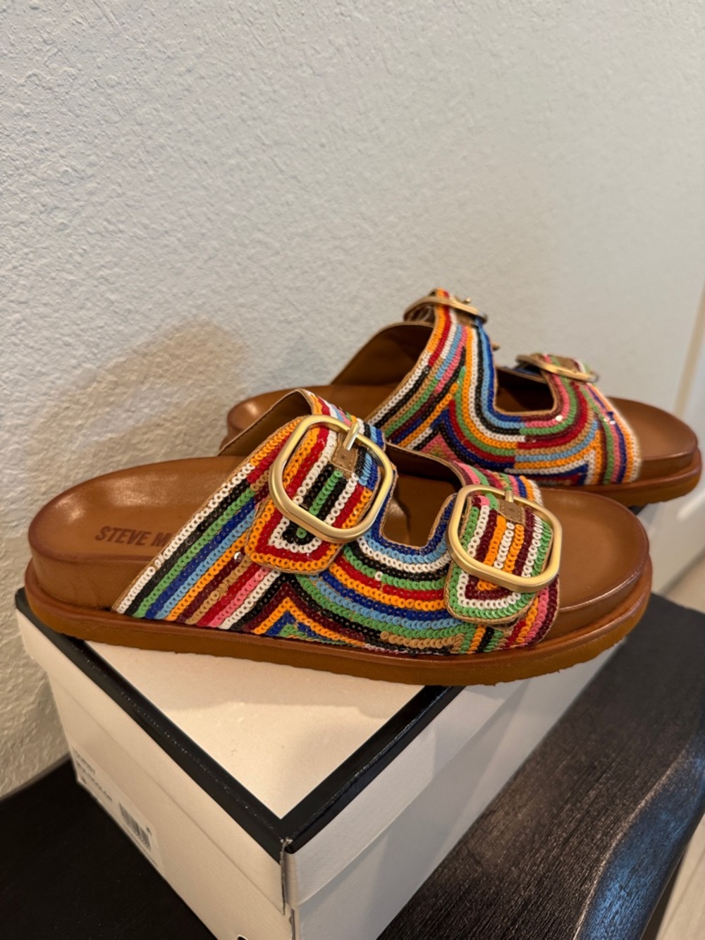Steve Madden Multicolor Sequin Double Buckle Slide Sandals